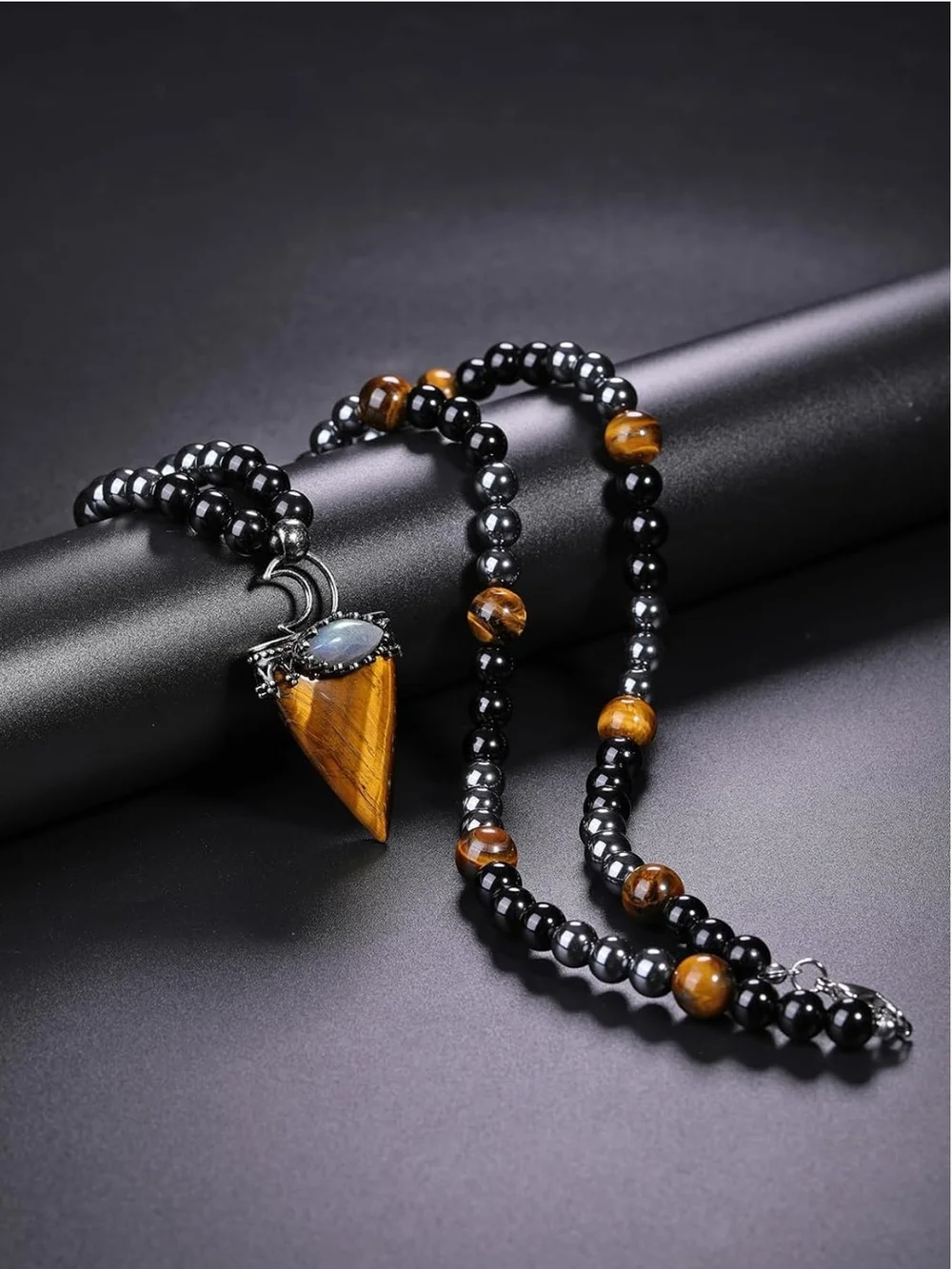 Tiger Eye and Black Bead Pendant Necklace - Women Jewelry